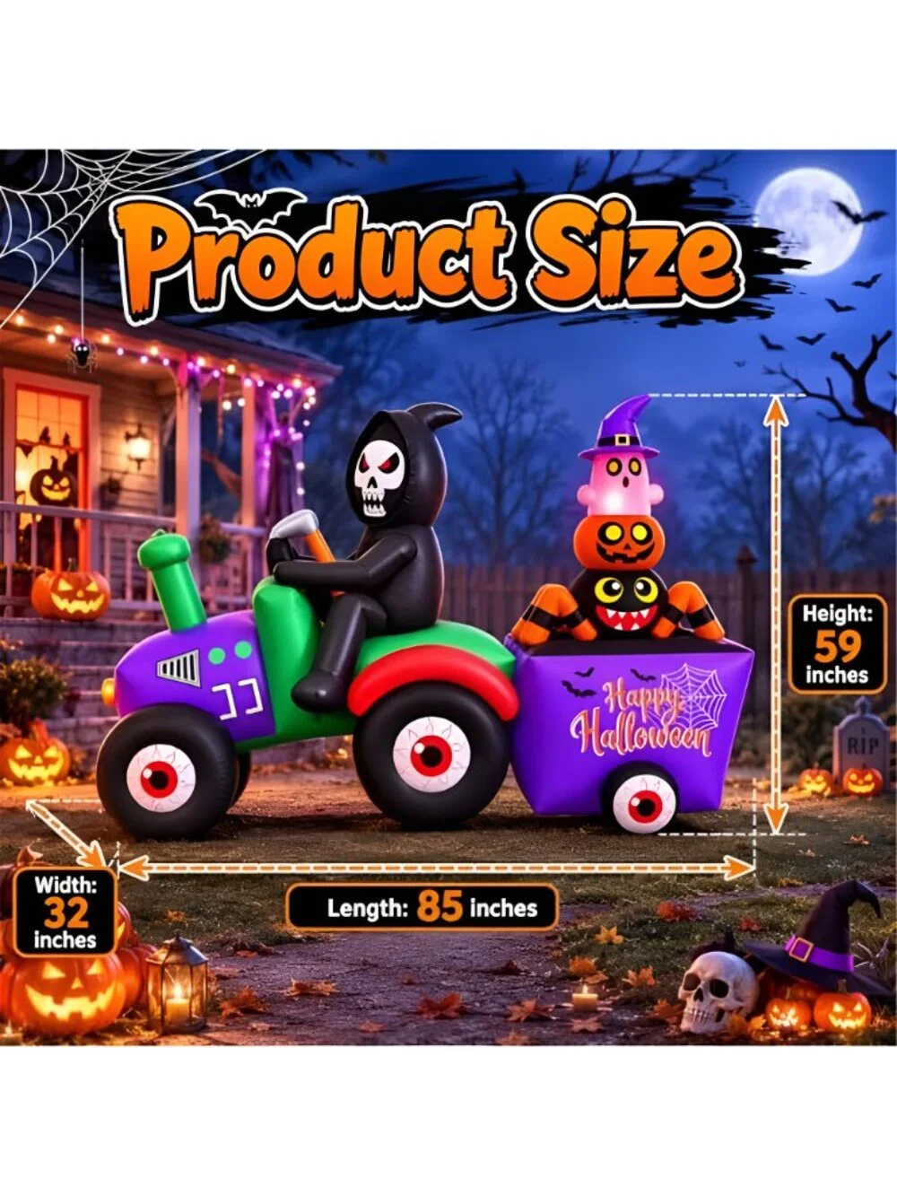 7FT Long Halloween Inflatable Grim Reaper Tractor Trailer Light